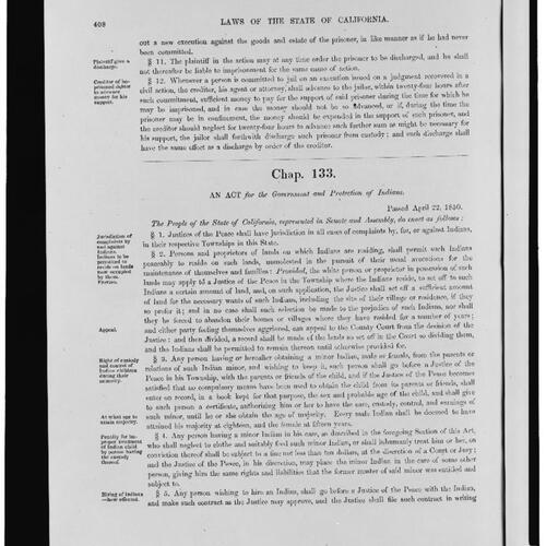 Laws of the State of California An act for the government and protection of Indians.