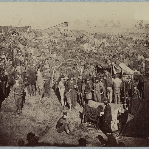 Andersonville Prison, Ga., August 17, 1864. Issuing rations, view from main gate