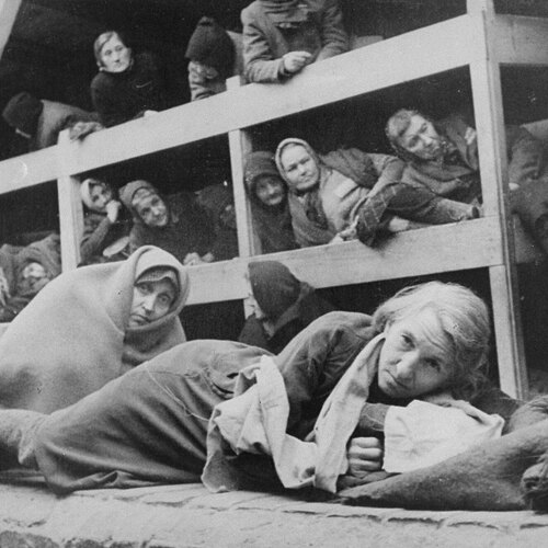 Women in the barracks of the newly liberated Auschwitz concentration camp.