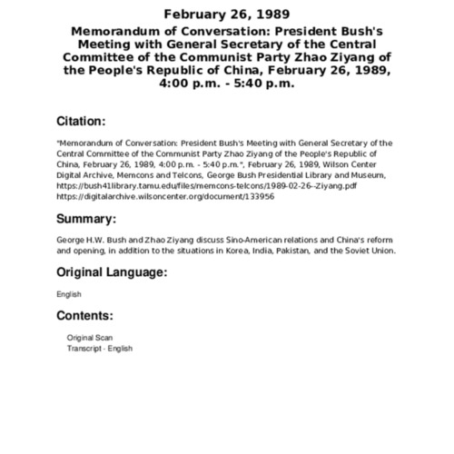 Memorandum of Conversation: President Bush's Meeting with General Secretary of the Central Committee of the Communist Party Zhao Ziyang.pdf