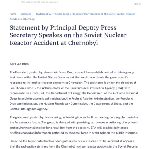 Statement by Principal Deputy Press Secretary Speakes on the Soviet Nuclear Reactor Accident at Chernobyl _ Ronald Reagan.pdf