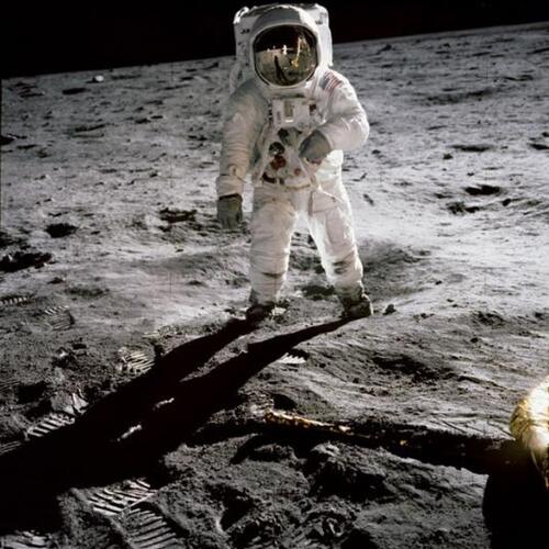 Photo of Buzz Aldrin standing on the moon