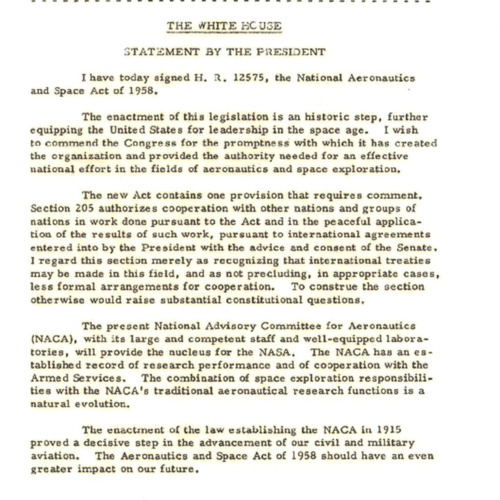 Statement by the President regarding the National Aeronautics and Space Act of 1958