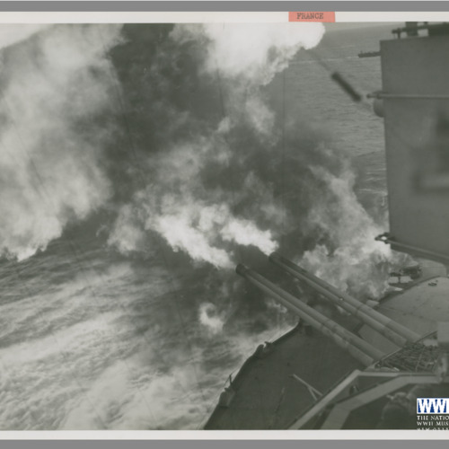 U.S.S. Nevada bombards Nazi positions blocking the forward surge of Allied troops in Normandy in June 1944 .png