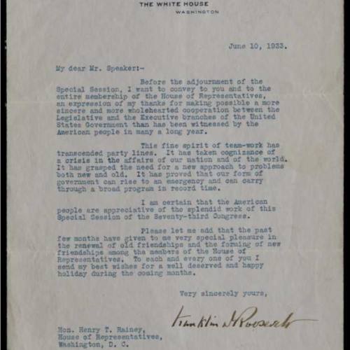 Franklin D. Roosevelt to Henry T. Rainey re: thanking Hundred Days Congress for achievements