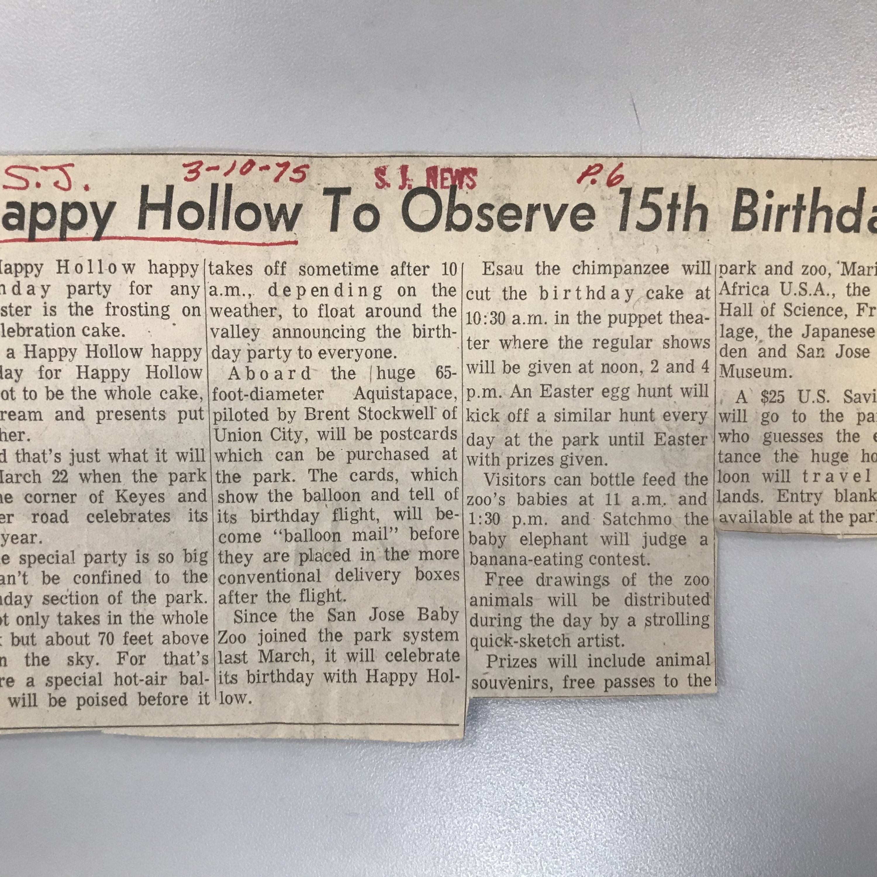 &quot;Happy Hollow To Observe 15th Birthday&quot; Article