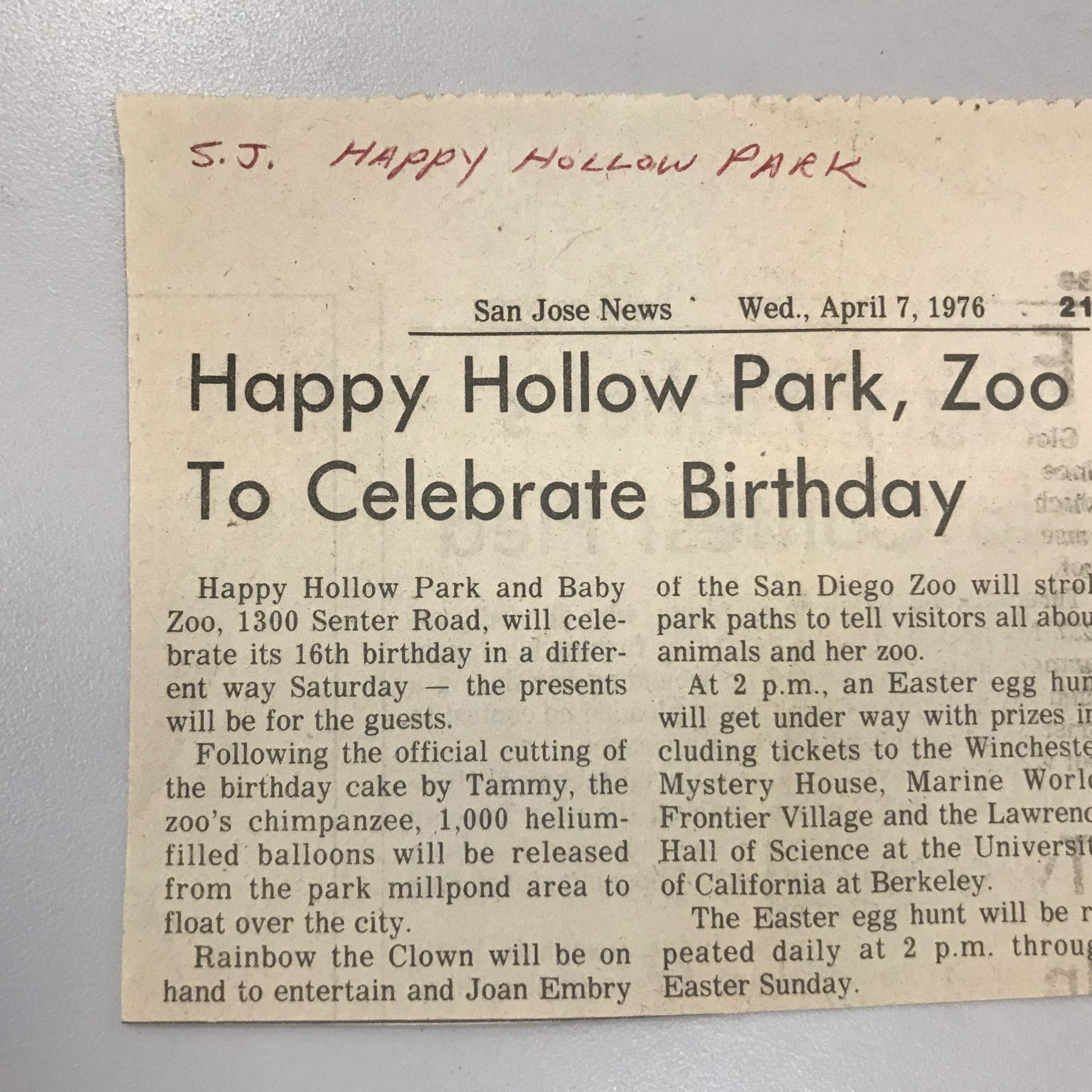 &quot;Happy Hollow Park, Zoo To Celebrate Birthday&quot; Article