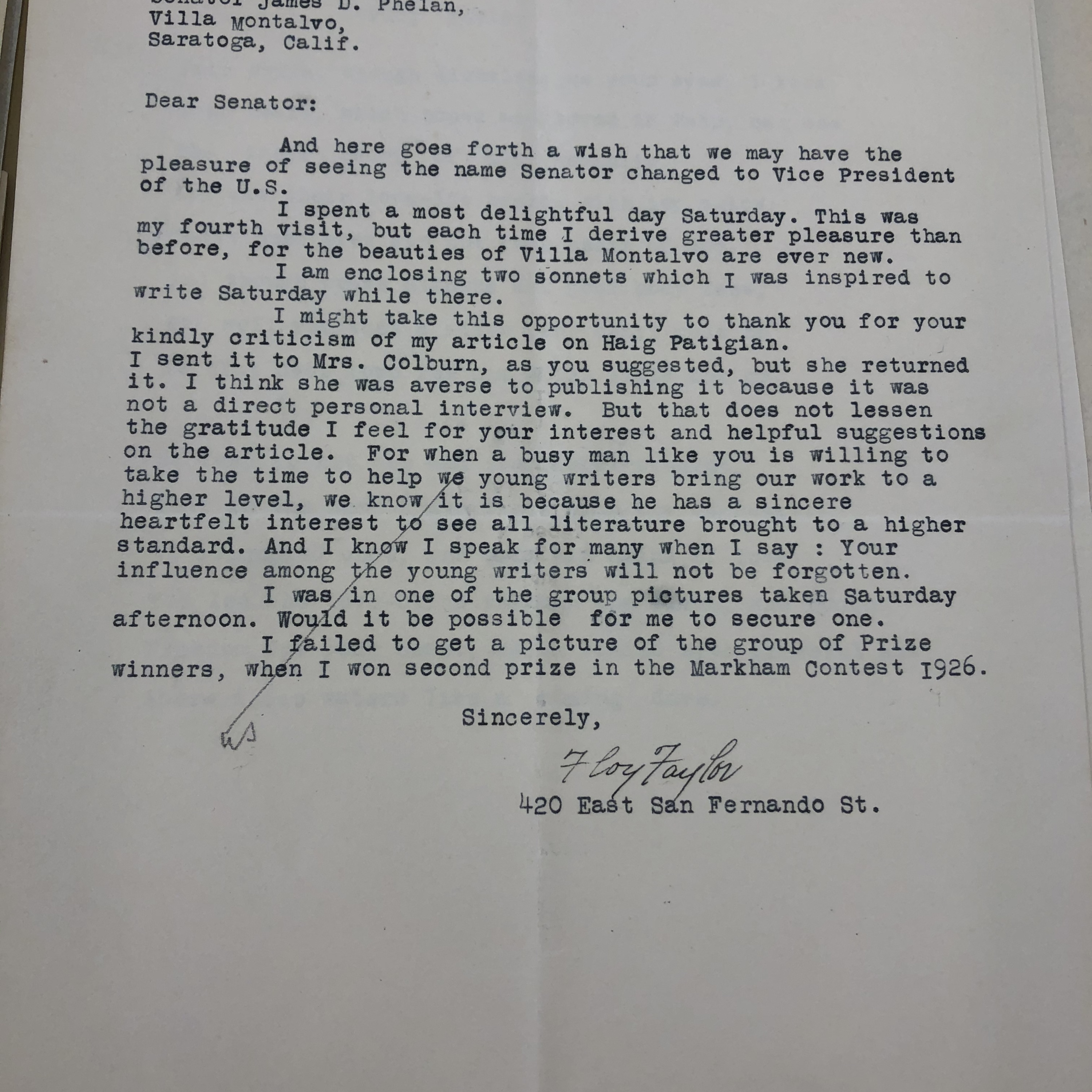 Letter from Floy Taylor to Senator James D. Phelan