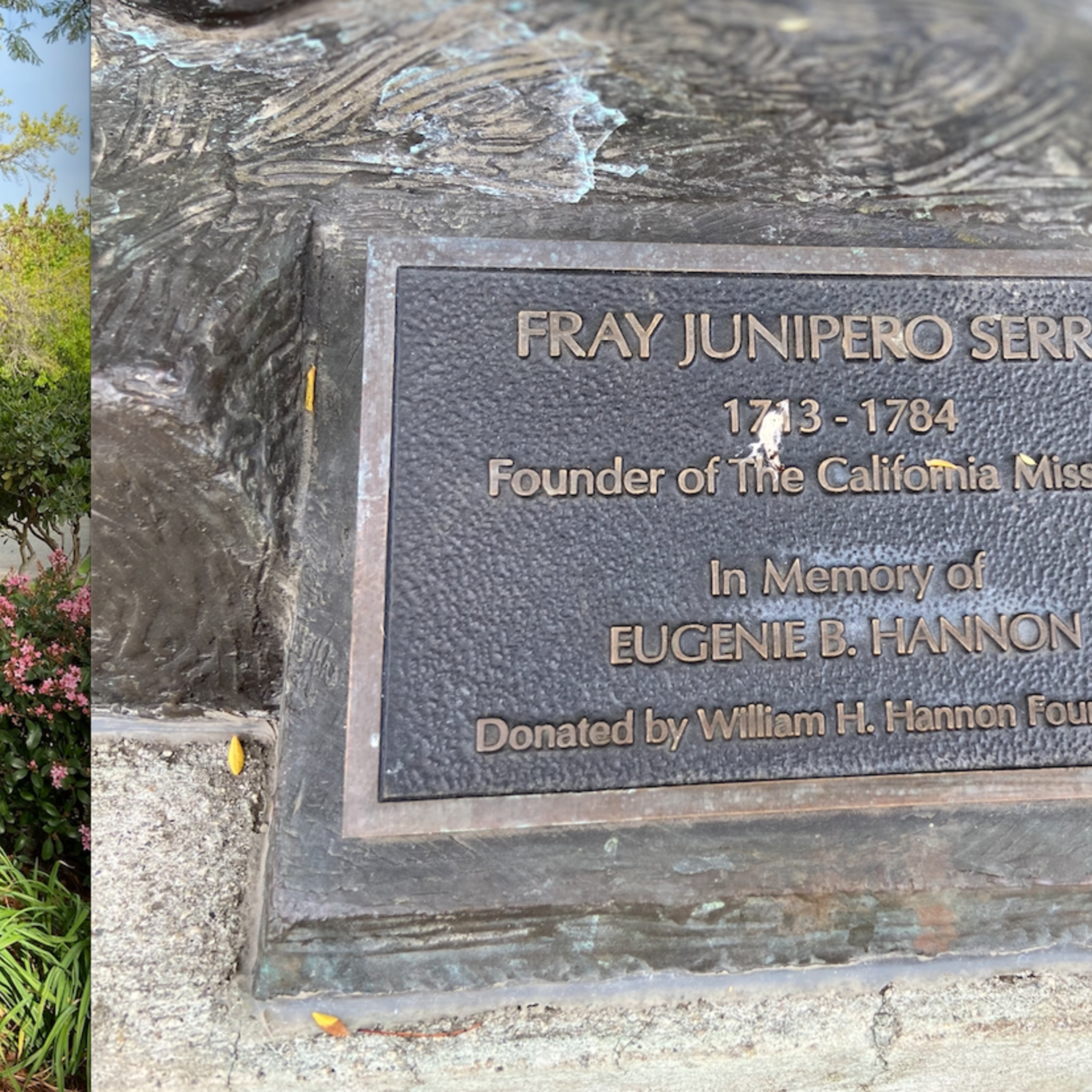 Fray Junipero Serra statue and plaque at Mission Santa Clara