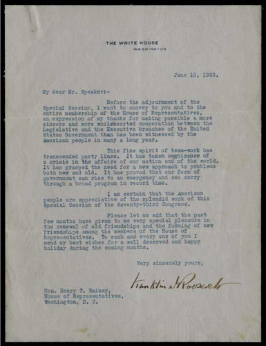 Franklin D. Roosevelt to Henry T. Rainey re: thanking Hundred Days Congress for achievements